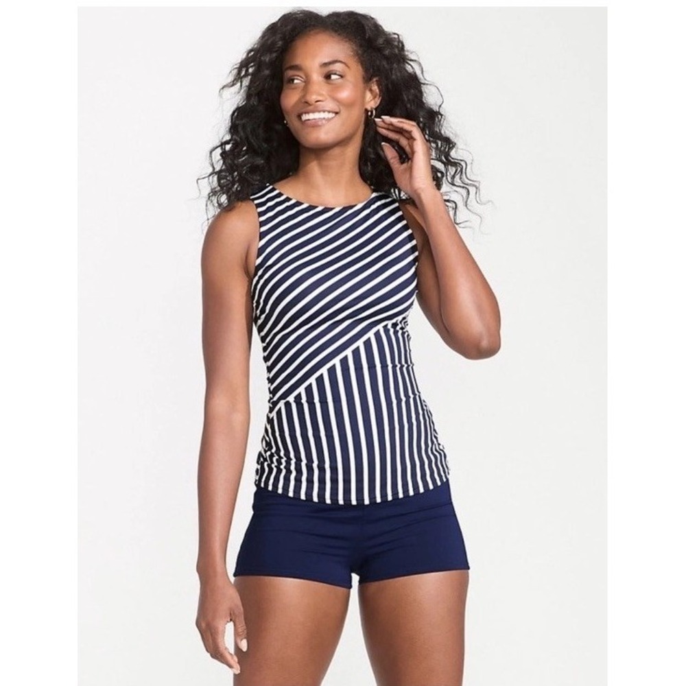 Lands' End High Neck Tankini Swim Top Size 18W DD Navy White‎ Stripes Modest
